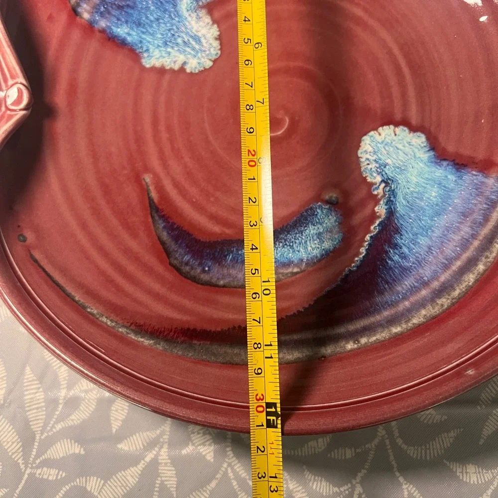Handmade‎ Studio Pottery Red Glazed Serving Platter with Handles Blue Drip 12